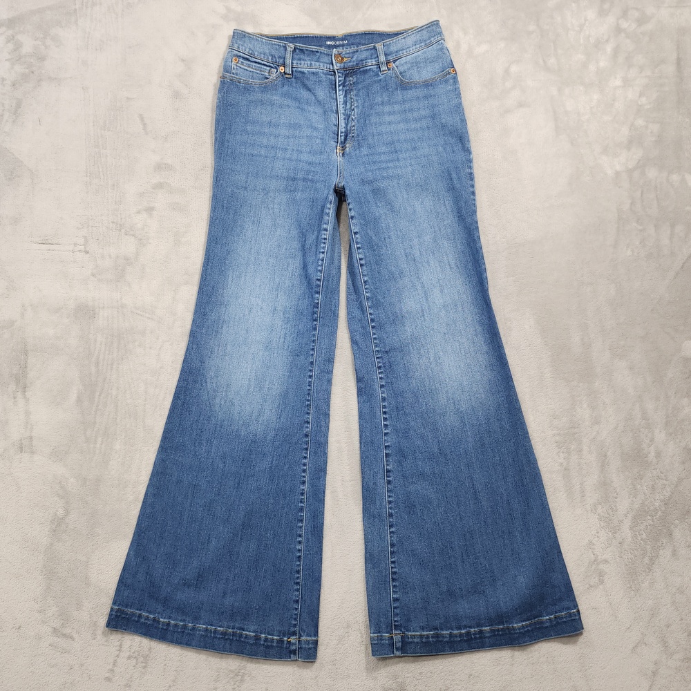 INC International Concepts Jeans Womens 12 Blue Mid Rise Wide Leg Stretch Denim